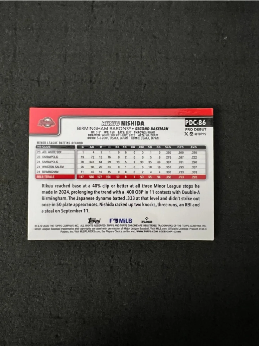 Rikuu Nishida - 2025 Topps Pro Debut - Green Chrome Refractor #35/99 - Picture 2 of 2